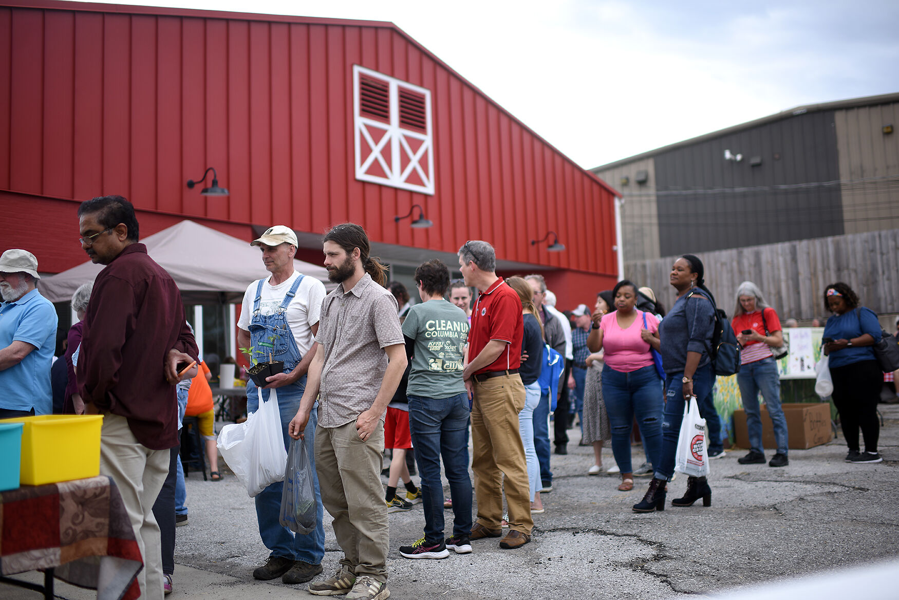 A crowd of people line up for food on Thursday